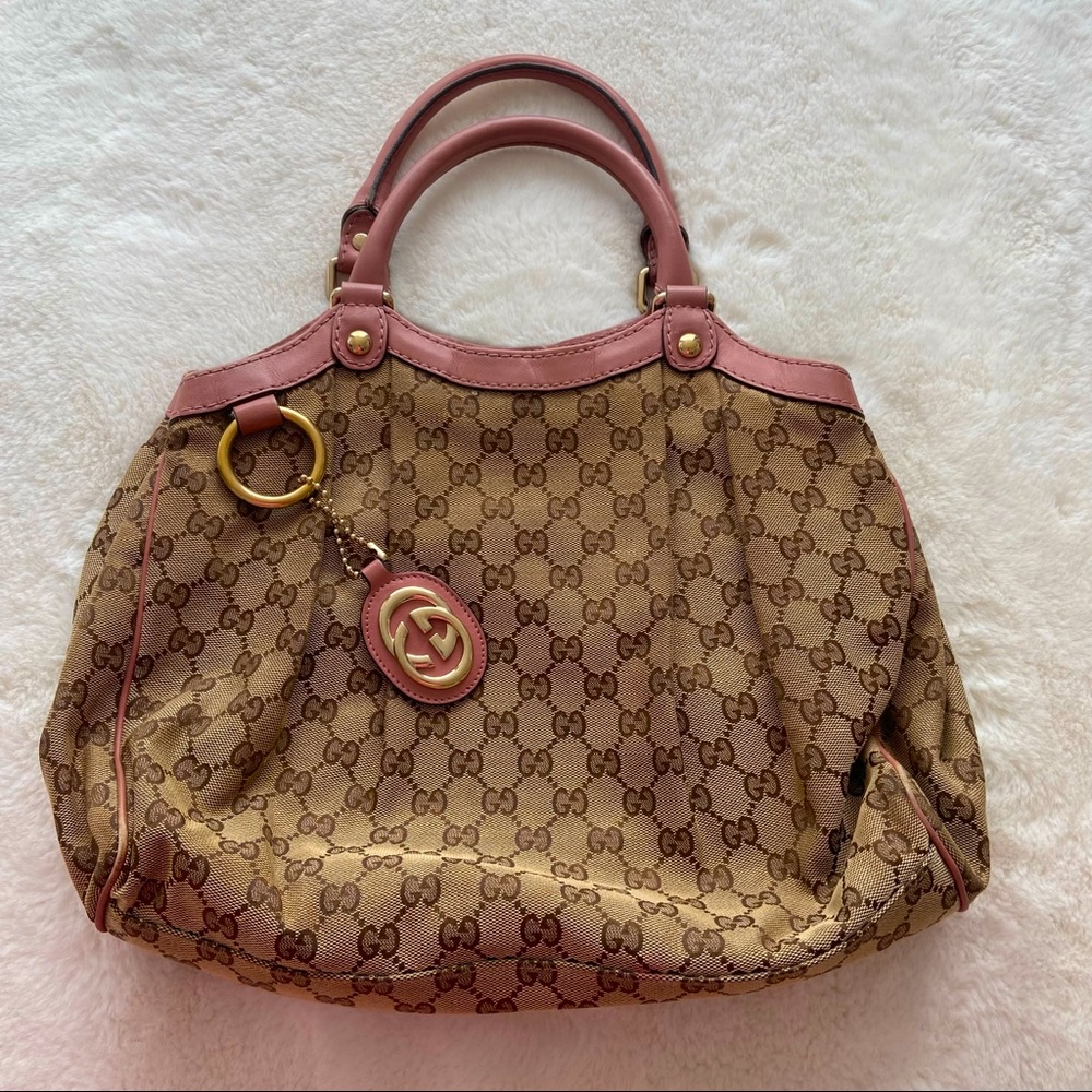 Authentic GUCCI Beige/Pink GG Canvas Medium Sukey Tote Bag - Picture 2 of 5